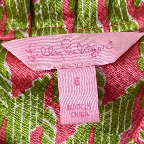 LILLY PULITZER Silk Crissa Blouse Button Front Ruffle Lime Green Pink Size 6 - Picture 4 of 5